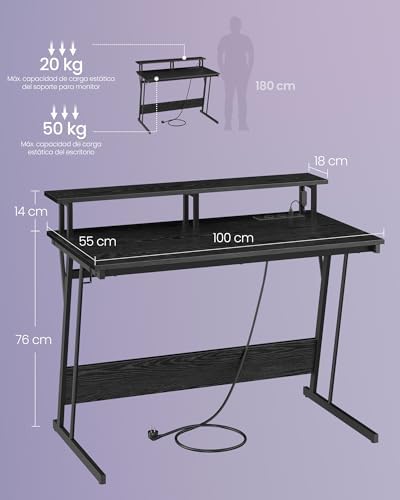 Secretária de jogos com luzes LED e tomadas de alimentação embutidas, secretária com prateleira para 2 monitores, mesa de quarto de escritório, 100 x 55 cm, preto ébano LWD191B56V2