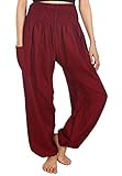 Lofbaz Women's Rayon Print Smocked Waist Boho Harem Pants Solid Burgundy M
