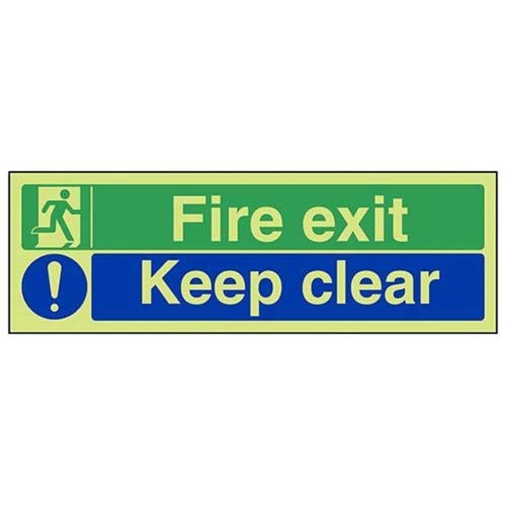 V Safety Glow In The Dark Fire Exit/Keep Clear Sign - 450mm x 150mm - Self Adhesive Vinyl