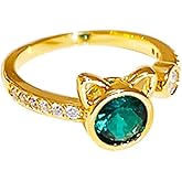 OIDIMS Cute Cat Ring for Women 14k Gold-Tone Plated Adjustable Open Band Green Crystal Cubic Zirconia Dainty Fashion Stackable Ring Pet Lover Jewelry for Engagement Promise Friendship