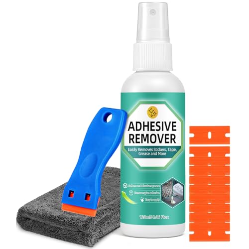 Balldanlu Adhesive Remover Spray, 4.06 Oz Glue Remover with Plastic Scraper and Towel, Surface Safe Sticky Stuff Remover for Car, Windows, Floor, Sticker Remover (1, GREEN)
