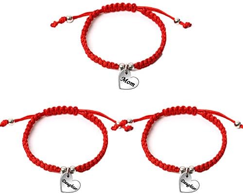 Angelra 3pcs Mom Daughter Bracelet Anklet for Women Woven Heart Pendant Red Handmade Bangle for Mother's Day Birthday