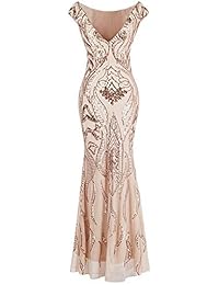 Angel-fashions vestido de noche con espalda en V y manga de gorro de bateau con lentejuelas florales para mujer