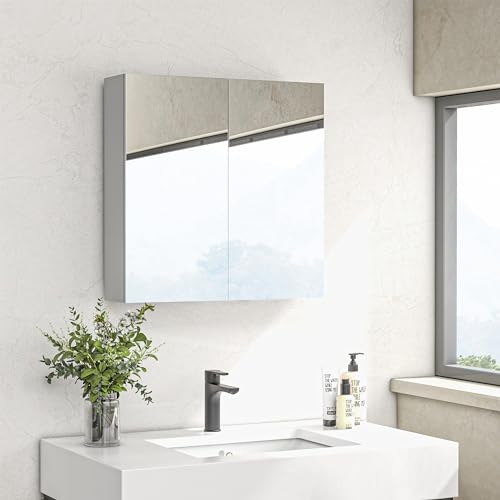 kleankin 24" x 24" Medicine Cabinet, Wall Mounted Bathroom Mirror Cabinet with Mirrored Doors, Adjustable Shelves and Soft Close Mechanism, High Gloss White