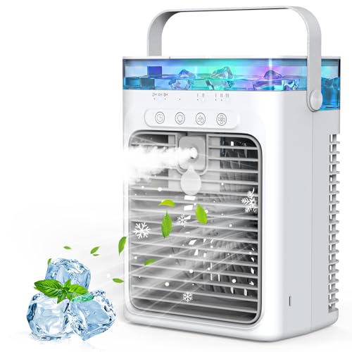 Mini Air Conditioner, 4-in-1 Portable Air Conditioner with 1000ML Water Tank Small AC Unit Air Cooler USB Powered Evaporative Cooler Cooling Fan with 2/4/8H Timer & Light for Office Bedroom Room