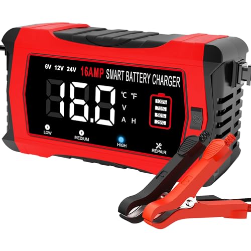 HTRC Car Battery Charger 16A 6V/12V/24V, Car Battery Charger with LCD Display Compatible with Boats, SUVs, Motorcycles and Lithium, LiFePO4, Lead-Acid Batteries (AGM, Gel, MF, EFB, SLA, Wet)