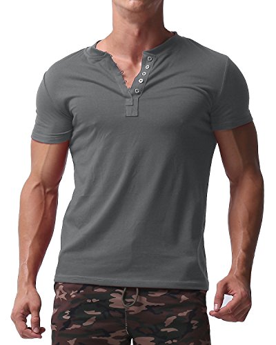 MODCHOK Men's Short Sleeve Shirts Button Tee V Neck Slim Fit Contrast Placket Tops Dark Grey XL