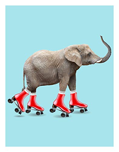 Elephant Roller Skating Art Print Poster - Fun and Cute, Elephant on Red Roller Skates Kid's Bedroom, Nursery & Home Wall Decor - This Loveable Art Print Poster Measures 11x14 inches, Unframed