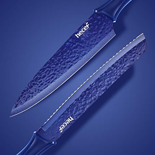 Hecef Galaxy Blue Kitchen Knife Set of 5, Non-slip Metallic Ceramic Coated Chef Knife Set, Hammered Blade with Plastic Handle and Protective Blade Sheath