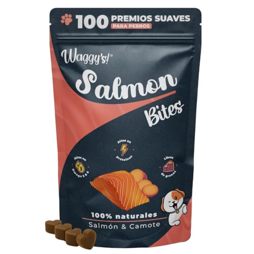 Waggys Bites | Premios para Perro Naturales | Suaves, Sin Granos, Altos en Proteína | Camote y Salmón | Ricos y Deliciosos | Snack Saludable para Mascotas | Ideal para Entrenamiento | 100 Soft Chews