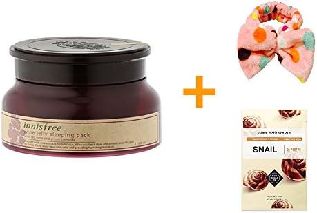 Innisfree Wine Jelly Sleeping Pack 2.7Oz + Snail Mask Pack Sheet + Cute Ribbon Headband for Washing Face - Beauty Shake Bundle