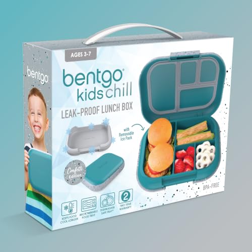 Bentgo® Kids Chill Lunch Box - Confetti Designed Leak-Proof Bento Box & Removable Ice Pack - 4 Compartments, Microwave & Dishwasher Safe, Patented, 2-Year Warranty (Confetti Edition - Truly Teal)