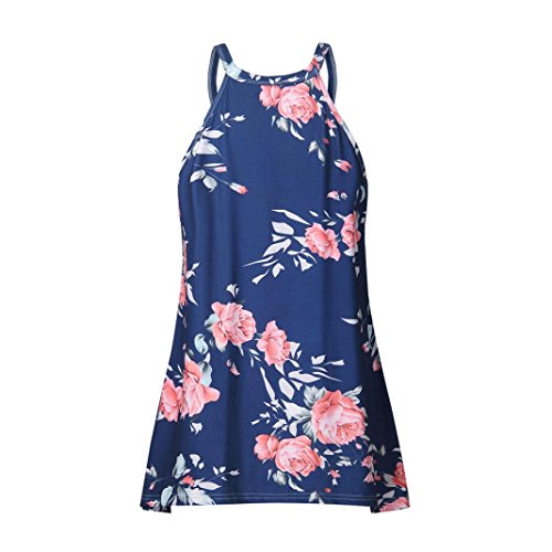 Gyouandme Summer Print Shirt Blouse Crew Neck Sleeveless Flowy Tank Tops (M, Blue)