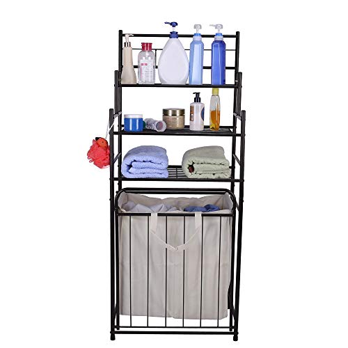 Mythinglogic Laundry Hamper with 3 -Tier Storage Shelves Bathroom Tower Storage Organizer with Dual Compartment Removeable Hamper for Bathroom, Laundry Room