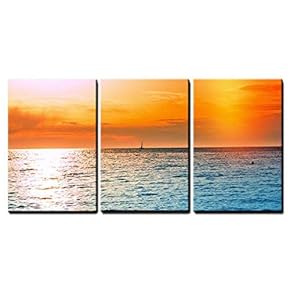 3 Piece Canvas Wall Art - Sunset on Open Sea - Beautiful Sunset at Dusk - Modern Home Art Stretched and Framed Ready to Hang - 16"x24"x3 Panels