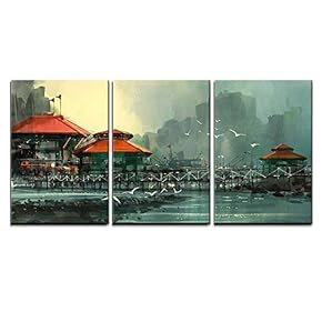 3 Piece Canvas Wall Art - Landscape of Beautiful Harbor,Fishing Village,Digital Painting - Modern Home Art Stretched and Framed Ready to Hang - 16"x24"x3 Panels
