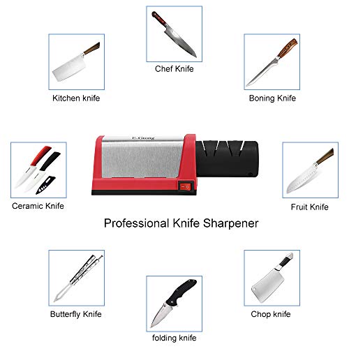 E-Gtong Electric Knife Sharpener, Professional 2-Stage Knives Sharpening System for Straight and Serrated Knives, with Diamond Abrasives for Knife Sharpening, Red