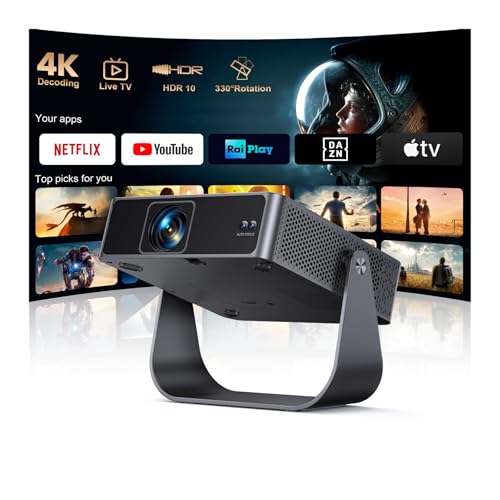 Portable Projector 【Smart TV & 1000+ Live Channels】Mini Projector 4K Smart TV Compatible with Netflix, 330° Rotation, Auto Focus WiFi Bluetooth, 1080P Native, Ceiling Projector Home/Camping