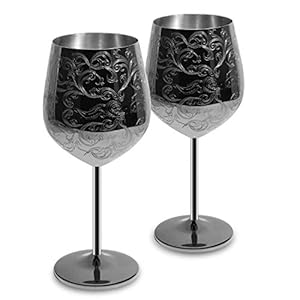 SKY FISH – Juego de 2 copas de vino de acero inoxidable grabadas con grabados barrocos intrincados y auténticos, estilo real, 480ml negro.