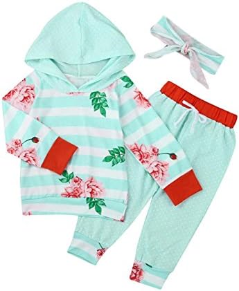 Baby Clothes Set, PPBUY Toddler Floral Striped Hooded Tops + Pants + Headband 3pcs Outfit (0-6M, Blue)