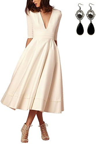Sitengle Elegant Women Deep V Neck Long Evening Cocktail Formal Swing Dress (XXX-Large, White)