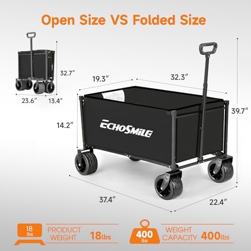 Carrello Pieghevole da Giardino 200L 180KG, Carretto da Spiaggia con Grandi Ruote, Carrelli da Trasporto con Maniglia Regolabile per Campeggio, Shopping e Attività All'aperto (Nero)