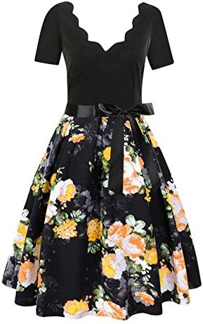 Women's 1950s Retro Vintage Cap Sleeve V Neck Rockabilly Swing Dress Cocktail Dresses with Butterfly Belt