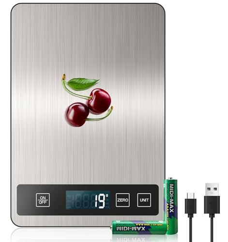 【15KG/33 lb & USB Rechargeable】 Digital Kitchen Food Scale Kitchen Scale, Stainless Steel Digital Weight Grams and Oz, Baking and Cooking, 0.1oz /1g Precise, 6 Weight Units (A)