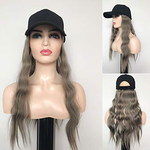 GNIMEGIL 50cm Grey Hair Wave Wigs with Hat Fashion Adjustable Black Baseball Cap Fits Women Wavy Wig Hat in Synthetic Hair Extensions