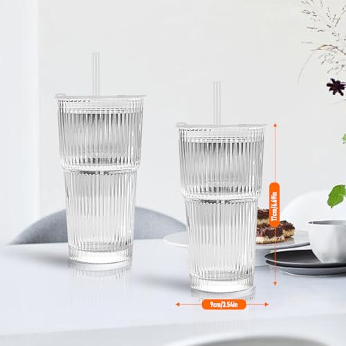 4 Piezas Vasos de Cristal de 550ml, Vaso de Vidrio con tapa y popote, para café/batidos/cócteles y jugos/vasos/Whisky/Capuchino