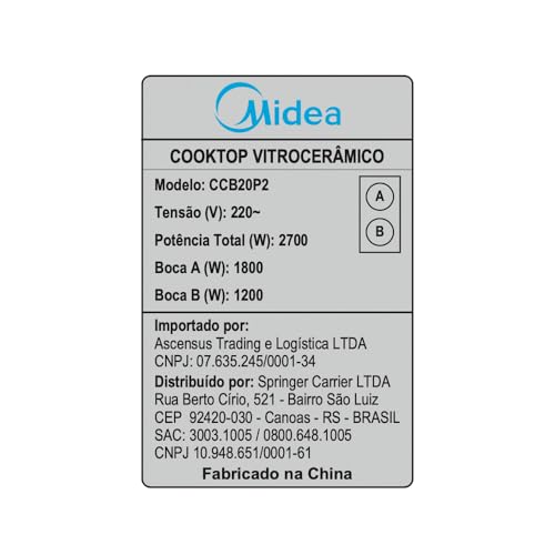 Cooktop 2 Bocas Elétrico Midea CCB20P2-220v