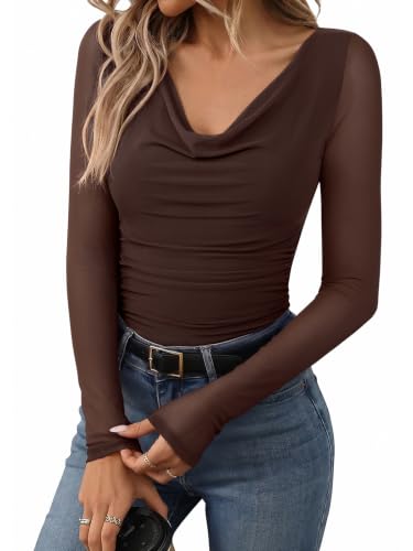 PINKMSTYLE Cowl Neck Mesh Long Sleeve Bodysuit