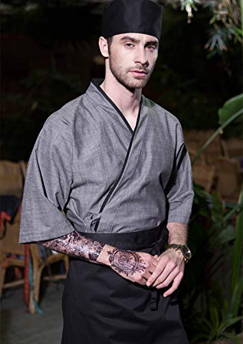 Men's Japanese Chef-Jacket 3/4 Sleeve Kimono Cooking Soft &Breathable Chef Coat Gray