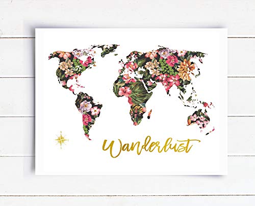 Tropical Wanderlust Floral Map of the World Black Gold Art Unframed Paper Print