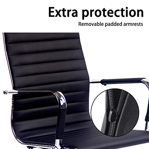 Elecwish Modern Office Executive Swivel Chair, High Back Adjustable, Tall Ribbed, Pu Leather, Wheels Arm Rest Computer, Chrome Base, Home Furniture, Conference Room Reception (Black) Set of 2 - Thumbnail 5