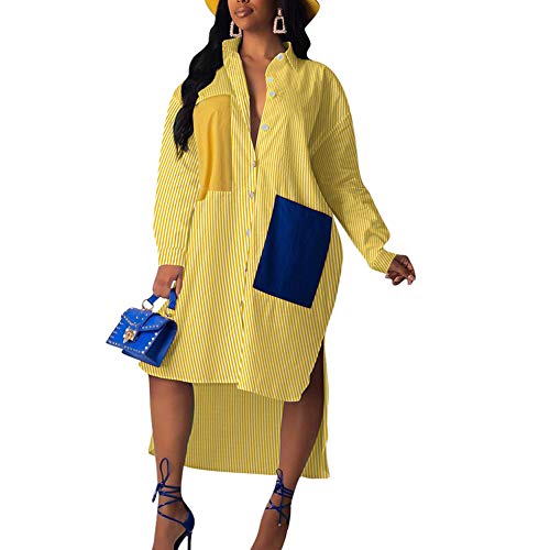 IyMoo Woman Birthday Dresses for Women - Sexy Shirt Dresses for Women Long Sleeve Floral Dresses V Neck Oversized Shirt Blouse Top Casual Color Block Pockets Yellow