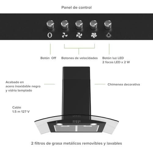 AVERA Campana de cocina 80 cm de pared negra, 3 velocidades, Luz LED, Filtro de carbón activado, Filtro de malla metálica lavable, Acero inoxidable y vidrio templado, Diseño curvo | CEV80N
