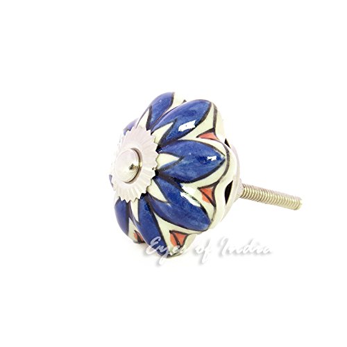 Eyes of India - Set of 2 Blue White Ceramic Dresser Cabinet Cupboard Door Knobs Pulls Decorative Shabby Chic Colorful Boho Bohemian Accent Handmade