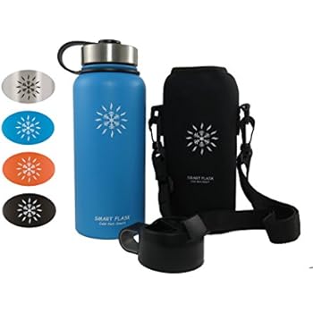 Smart Flask Stainless Steel Water Bottle, Wide Mouth, Vacuum Insulated, Includes Carrying Pouch with 59 inch Shoulder Strap, Rugged Leakproof Stainless Steel Lid, and Flip Top Coffee Lid