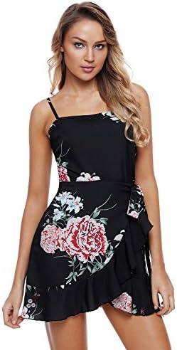 Ueestar Womens Straps Ruffle Wrap Hemline Floral Print Short Mini Boho Dresses,Black,Large