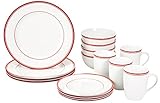 AmazonBasics 16-Piece Cafe Stripe Dinnerware Set, Service for 4, Red (Kitchen)