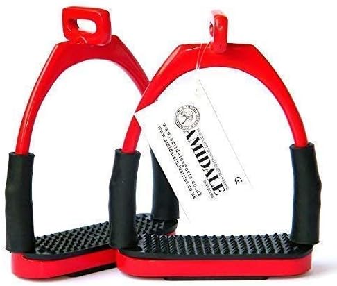 AMIDALE STIRRUPS OFFSET EYE FLEXI SAFETY STIRRUPS OPTIMUM LEG POSITION HORSE RIDING IRONS STAINLESS STEEL 4.75" RED