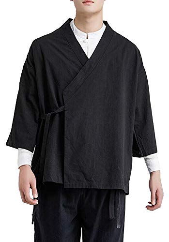 Hotmiss Men's Casual Kimono Cardigan Noragi Jackets Cloak Open Front Coat 2XL (Pure Black, XX-Large)