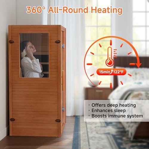 Real Relax 1 Person Infrared Sauna, Indoor Far Infrared Saunas for Home, Canadian Hemlock Wood Sauna with 950W/120v, 6 pcs Mica Heating Plates, Spa Room 33 * 27.3 * 59 Inch