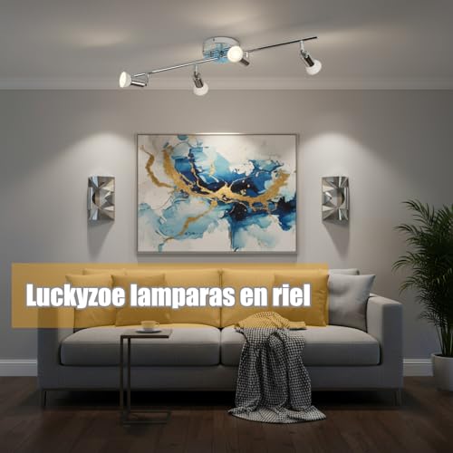 Luckyzoe Iluminación de Riel Led de 4 Luces, iluminación puntual de techo, cabezal de luz giratorio flexible, lampara de riel, 4 luz (GU10), Sin foco, Cromo