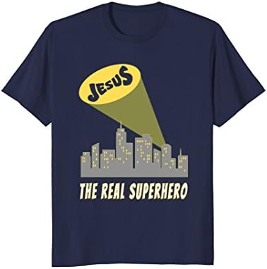 Mens Jesus the Real Superhero Bat Signal T-Shirt Large Navy