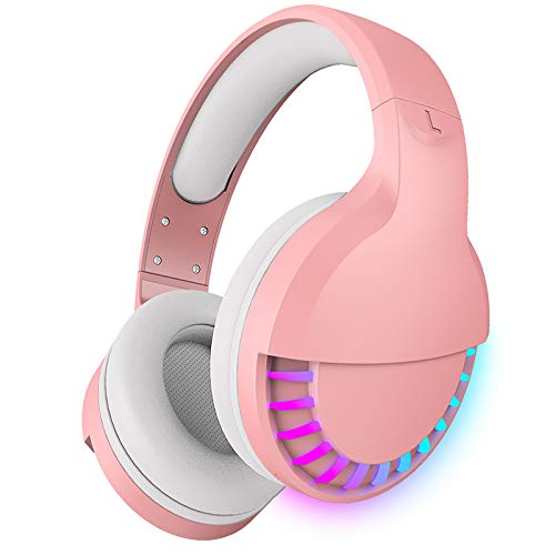 Wireless Bluetooth Headphone with Noise Cancellation HiFi Stereo Sound Mic Deep Bass Protein Earpad Rainbow RGB Backlight Rechageable Over Ear Headset for PC Mac Game Travel Class Home Office (Pink)