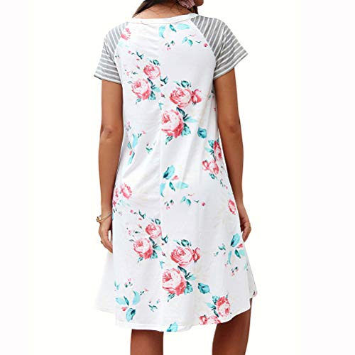 Women Striped Short Sleeve Round Neck Floral Printed A-line Midi Dress White