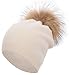 EASTER BARTHE Womens Grils Pure Double-Deck Cashmere Wool Blend Removable Raccoon Fur Pompom Winter Warm Knit Beanie Slouchy Skull Hat Cap (Beige)