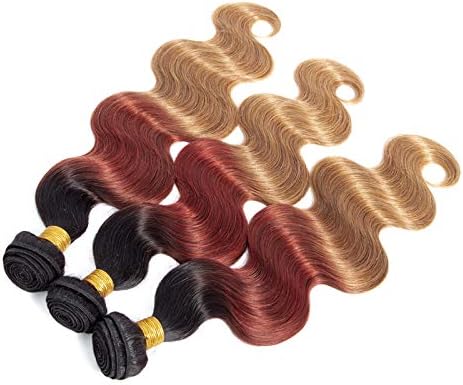 Ombre Brazilian Virgin Human Hair Bundles, 9A Grade Ombre Brazilian Body Wave 3 Bundles 3 Tone Blonde Color Hair (16 16 16, 1B/33/30)
